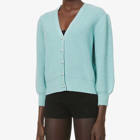 Maje Feaux-Pearl Button Knitted Celadon Cardigan - Picture 1 of 6